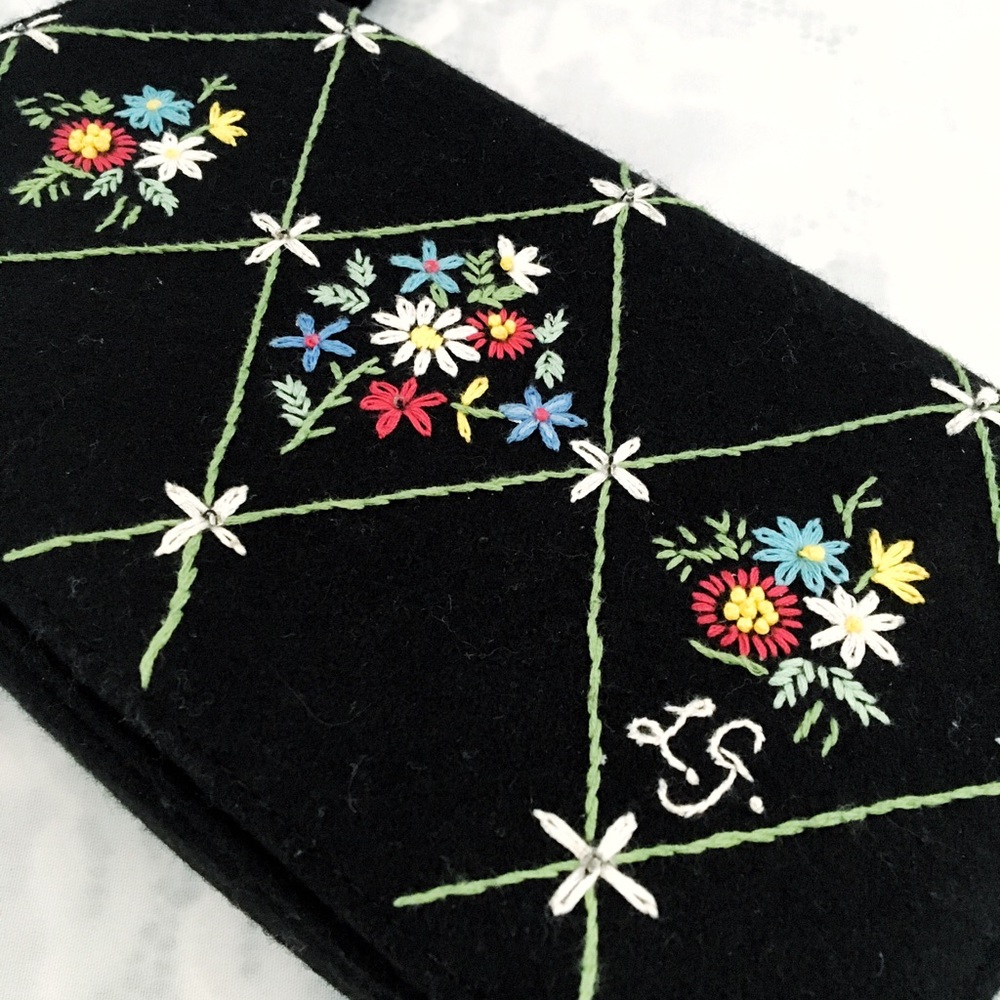 Lulu Guinness black wool handbag floral embroidery